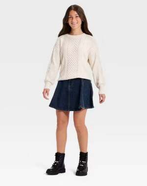 Girls' Mixed Cable Knit Crewneck Sweater - Ivory